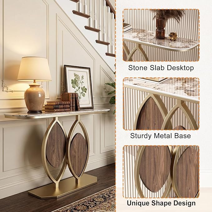 Stone Console Table Gold for Entryway, Modern Foyer Table Sofa Tables Narrow Long Stone Top for Living Room, Hallway Decor, Creative Styling(Gray,59"x11.8"x31.5")