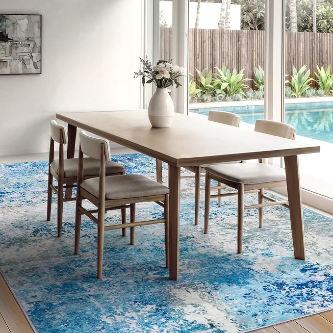 9x12 Area Rugs Living Room Rug - Washable Neutral Modern Abstract Large No Slip Soft Thin Rug Indoor Floor Carpet for Bedroom Under Dining Table Home Office Nursery Room - Blue White