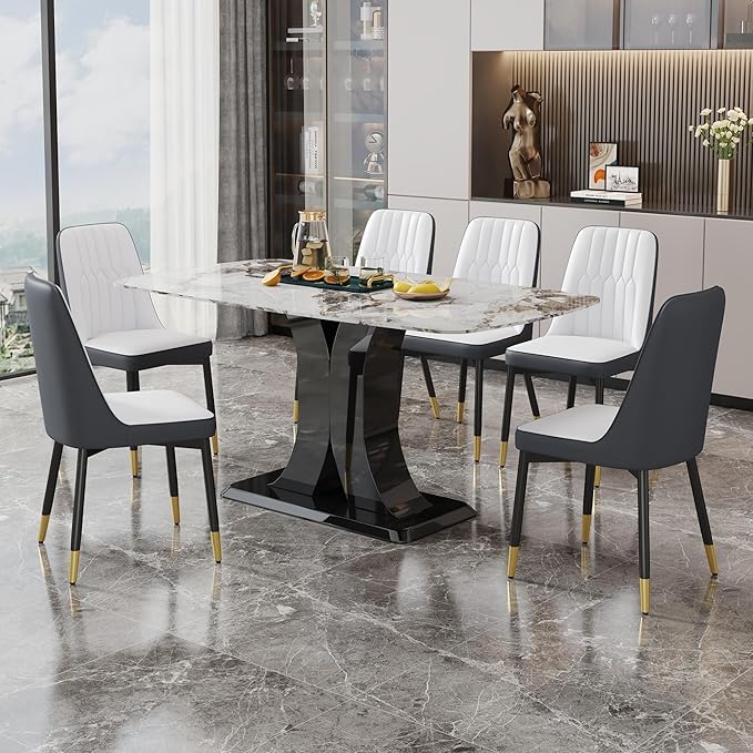 Dining Chairs Set of 6，Modern Dining Chairs, Equipped with PU Leather Backrest Cushions and Black Metal Legs, Suitable for Restaurants, Kitchens, and Bedrooms Dining Room Chairs