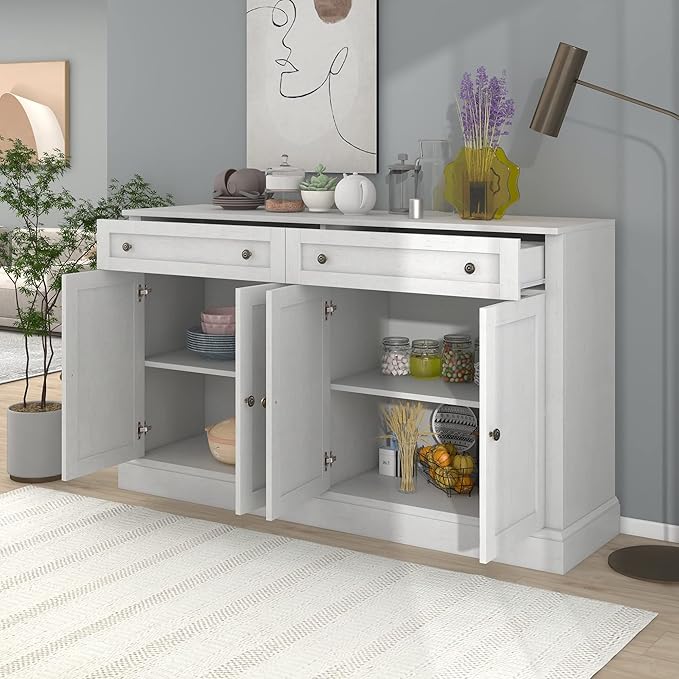 Farmhouse Vintage Console Table Sofa Table with 2 Drawers and Adjustable Shelves, Solid Wood Buffet Sideboard Storage Cabinet for Entryway Living Room Kitchen Dining Room (Antique White)