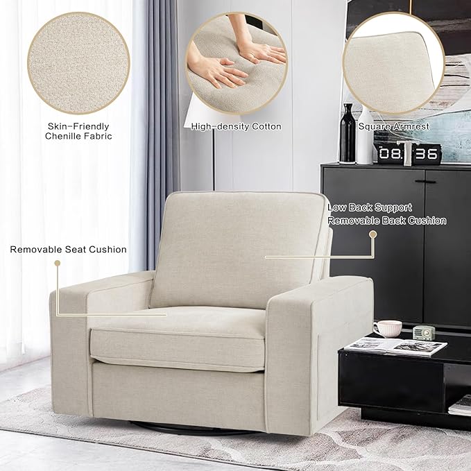 LEISLAND 40" Swivel Accent Chair, Small Couch Sofas for Small Spaces, Fabric Living Room Chairs with Solid Wood Frame, Removable Cushion and Detachable Sofa Cover(Beige)