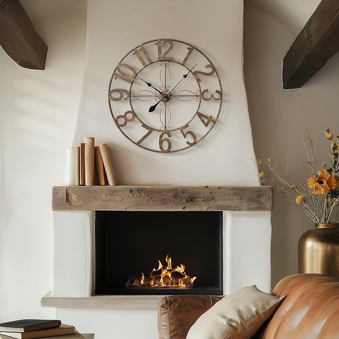 Cuspin 30 Inch Wall Clock, Large Decorative Wall Clock for Living Room, Silent Non-Ticking Battery Operated Metal Round Retro Rustic Arabic Numerals Analog Bronze Clock for Kitchen Mantel Office