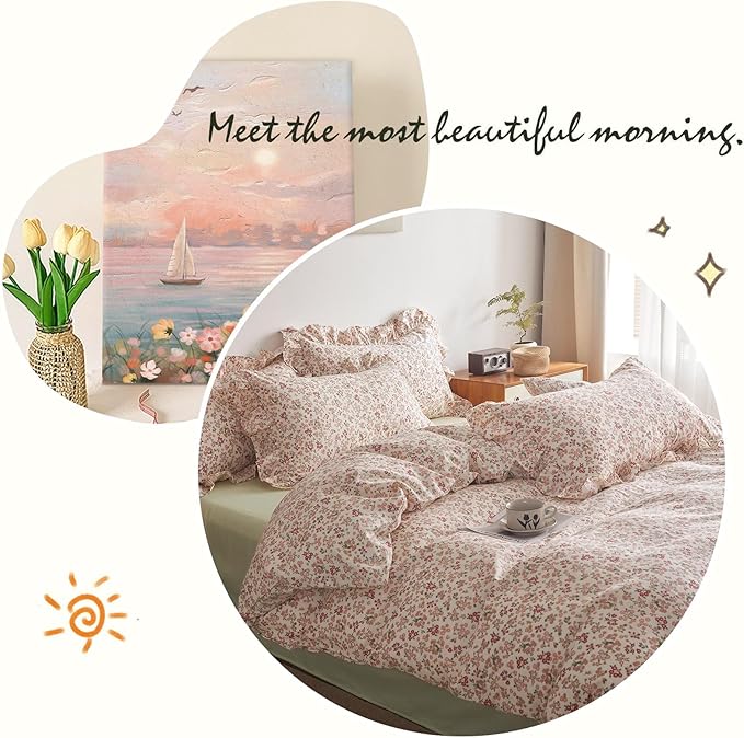 Vintage Floral Duvet Cover King 100% Cotton Pink Flower Duvet Cover with 2 Ruffle Pillowcases Girls Boho Lace Floral Bedding Set Aesthetic Garden Style Botanical Comforter Cover King with Zipper Ties