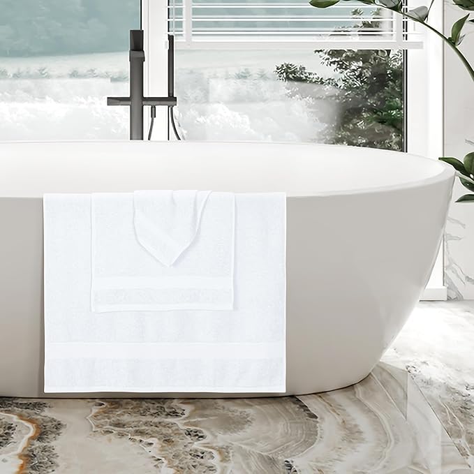 BOUTIQUO Ultra Soft 3 Pack Cotton Towel Set, Contains a Bath Towels 27x54 inch, a Hand Towels 16x24 inch & a Wash Coths 12x12 inch, Ideal Everyday use, Compact & Lightweight - White