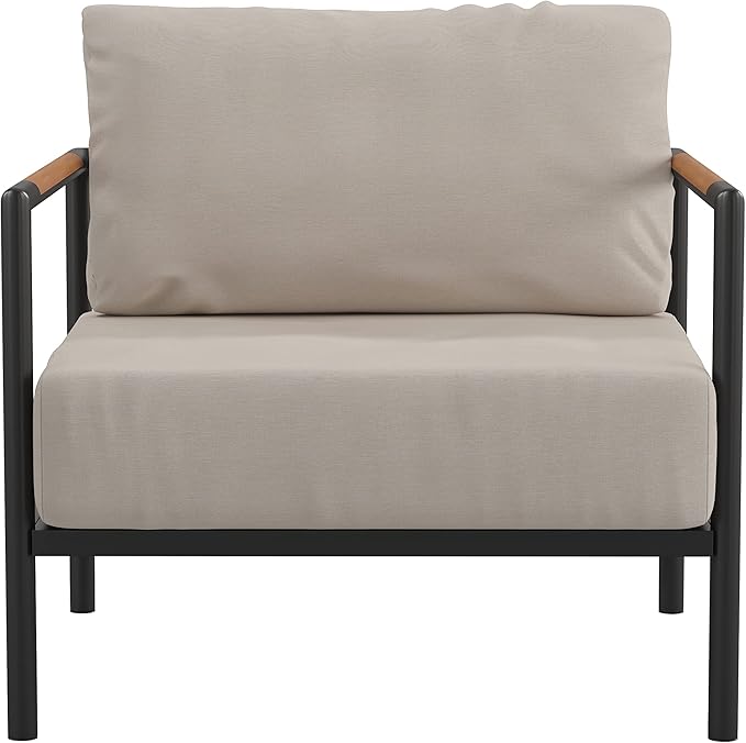 Flash Furniture Lea Indoor/Outdoor Patio Chair with Cushions - Modern Aluminum Framed Chair with Teak Accented Arms, Black with Beige Cushions