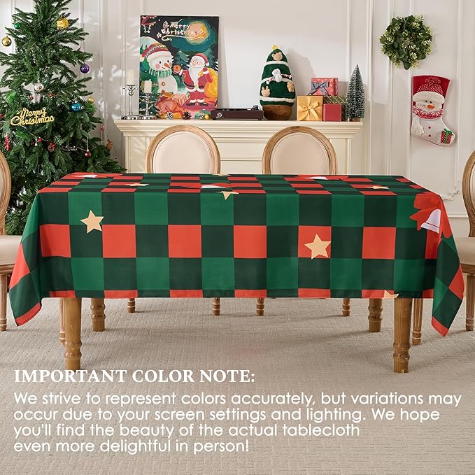 Christmas Tablecloth Rectangular 60x84 Inch for 4ft Waterproof, Machine Washable Checkered Polyester Table Cover for Xmas Party, Winter Holiday Home Decoration in Festive Checkered Star 1pack
