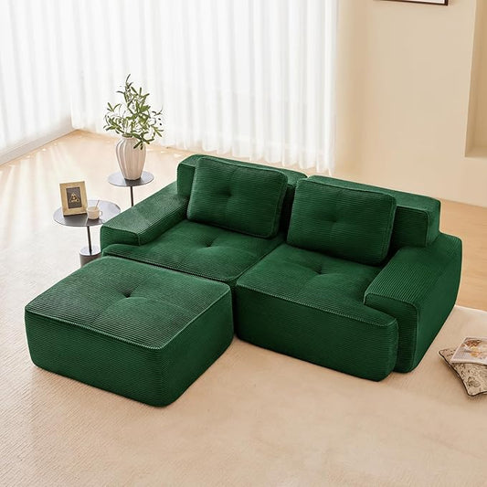 80" Modern Corduroy Boneless Love Seat Couches with 1 Ottoman, 2 Seater Large Sectional Couches for Living Room, Green Cloud Modular Sectional Sofa, Memory Foam, Extra Deep Loveseat, No Assembly