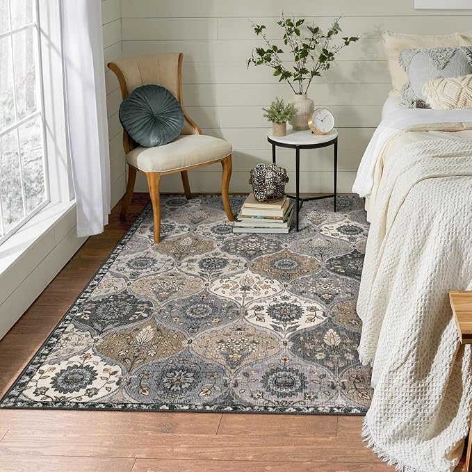 Lahome Moroccan Trellis Washable Area Rugs, 3x5 Rug for Bedroom Entryway Indoor Non-Slip, Small Oriental Accent Carpet for Living Room Kitchen Bathroom Office, Grey