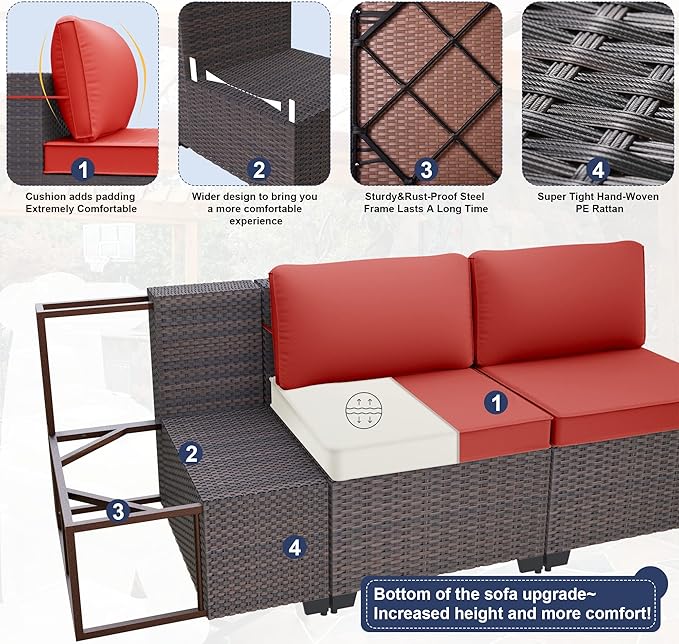 Kurapika 15 Pieces Patio Furniture Set, Rattan Wicker Outdoor Conversation Sets w/43in Propane Fire Pit Table and 4 Inch Cushion(Red)