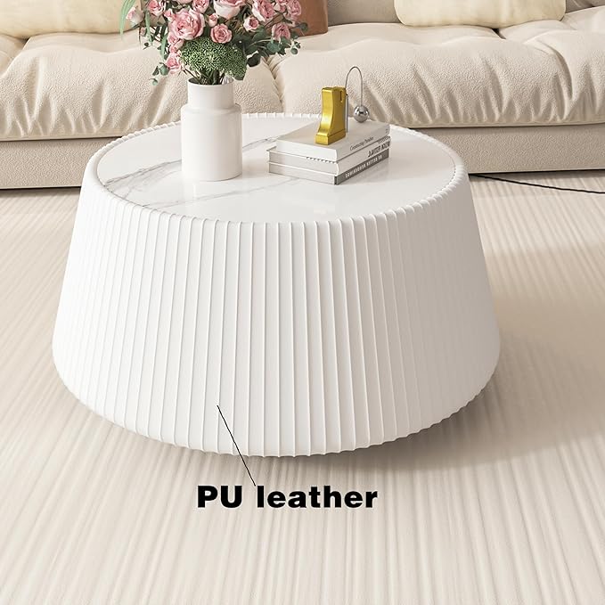 White Round Coffee Table with Sintered Stone Tabletop, 26.77" Drum Coffee Table with Fluted PU Leather Covered and Stable Base, Circle Cocktail Tea Table for Living Room