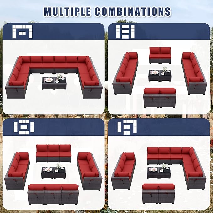 Kurapika 14 Pieces Patio Furniture Set, Rattan Wicker Outdoor Conversation Sets w/4 Inch Cushion and Glass Coffee Table(Red)