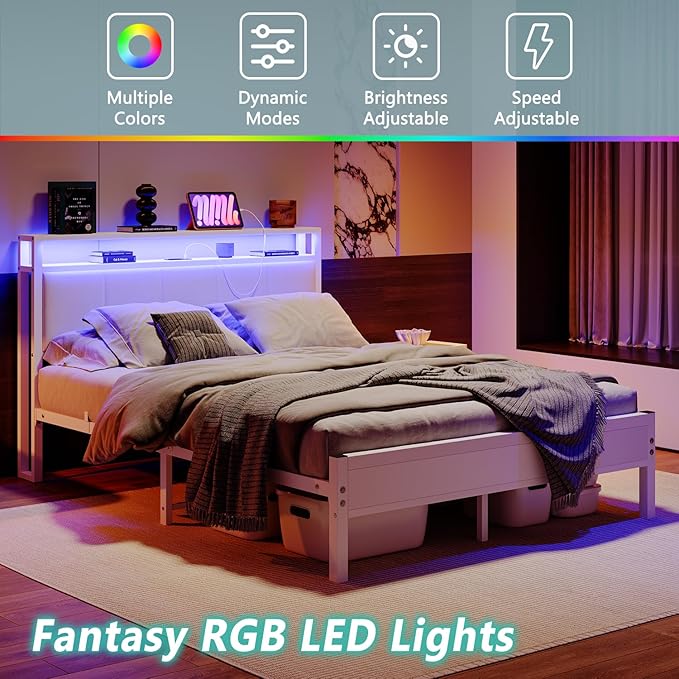 Queen Bed Frame with Headboard Storage,Upholstered Platform Bed Frame Queen Size with Charging Station and LED Lights No Box Spring Needed,Heavy Duty Steel Slats,Noise Free,White
