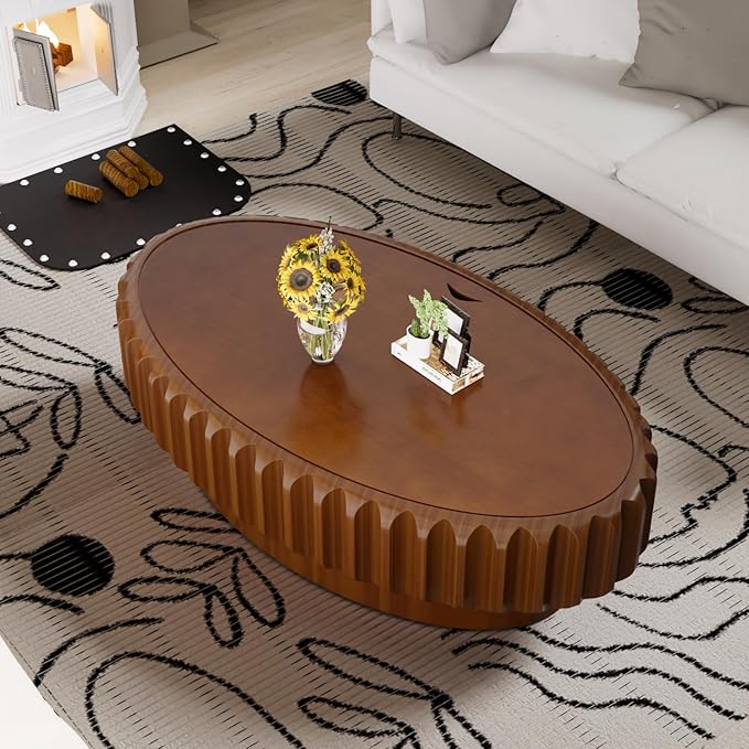 43.3" Oval Drum Coffee Table with Storage Modern Unique Fluted Tea Table Contemporary Wood Oval Coffee Table Centr Table for Living Room Apartment (brown-43.3in)