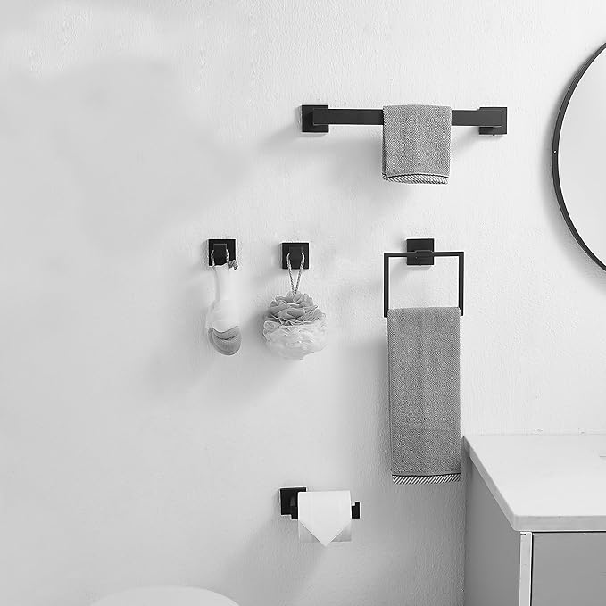 GGStudy Matte Black Square Towel Ring Hand Towel Holder for Bathroom Solid SUS 304 Stainless Steel, Kitchen Bath Towel Holder Hangers Heavy Duty Storage Round Wall Mount