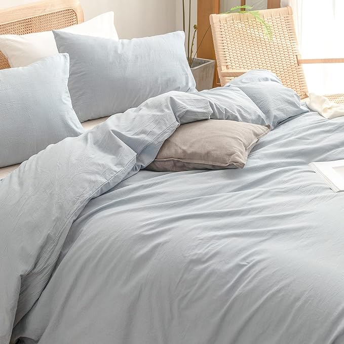 BESTOUCH Duvet Cover Set 100% Washed Cotton Linen Feel Super Soft Comfortable Chic Lightweight 3 PCs Home Bedding Set Solid Cornflower Blue Oversized King