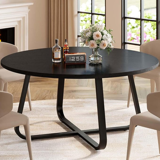 LVB 51 Inch Black Round Dining Table, Modern Wood Metal Kitchen Table, Industrial Small Dinner Room for 4 to 6 People, Circle Coffee Dining Room for Home Kitchen Living Room, Black Oak