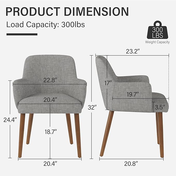 Upholstered Dining Chairs Set of 2, Modern Kitchen Chairs with Back and Curved Armrest, Fabric Side Dining Room Chairs with Wood Legs for Kitchen Dining Room Restaurant, Grey
