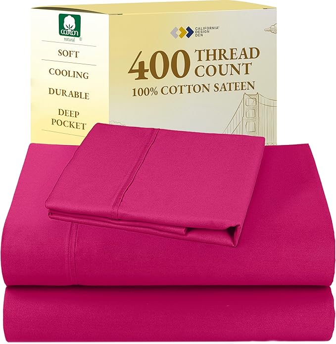 California Design Den Twin Sheet Set - 400 Thread Count Sateen, Natural 100% Cotton Cooling Sheets, Deep Pockets with All Around Elastic, Soft, Cool and Durable Bedding - Hot Pink