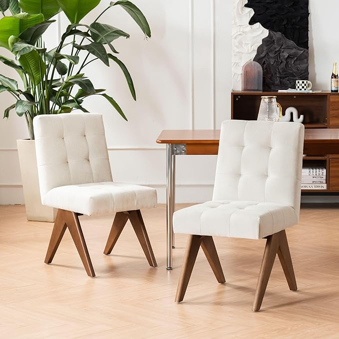 Rowill Modern Upholstered Dining Chairs Parsons Chair Linen Fabric Kitchen Chairs Tufted Armless Dining Room Chairs with Wood Legs Set of 6, Beige