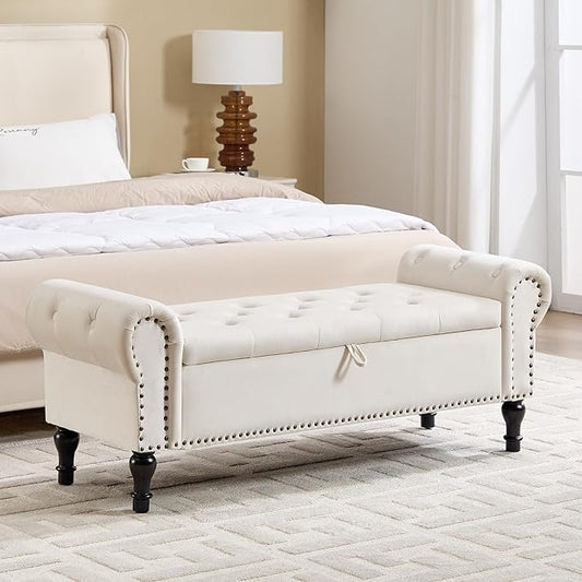 Storage Bench for Bedroom, 51" Upholstered End of Bed Bench, Velvet Queen Size Benches with Rolled Arms, Tufted Button Storage Long Ottoman, Living Room, Entryway, Beige