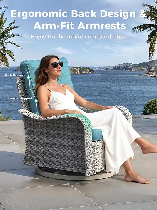 3 Piece Outdoor Wicker Patio Furniture Set,High Back Swivel Rocker Patio Chairs with 4" Thickened Cushions & Side Table, All-Weather PE Rattan for Garden, Backyard, Porch, Navy