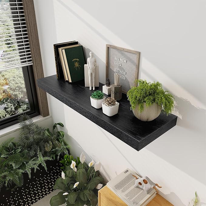 Black Floating Shelves 36 Inch Long, 12 Inch Deep Floating Shelves for Wall, 36 x 12 Shelves for Wall Storage & Display, 2" Thick Floating Shelf for Bathroom, Living Room, Bedroom, Set of 1