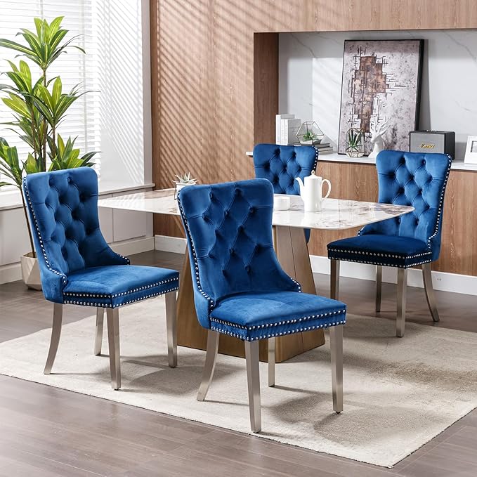 Luxury Upholstered Dining Chairs Set of 4, Blue Kitchen Chair with Silver Metal Legs, Velvet Tufted Back Dining Chair, Sillas de Comedor, Modern Kitchen & Dining Room Chairs (Blue, 4 Pcs)