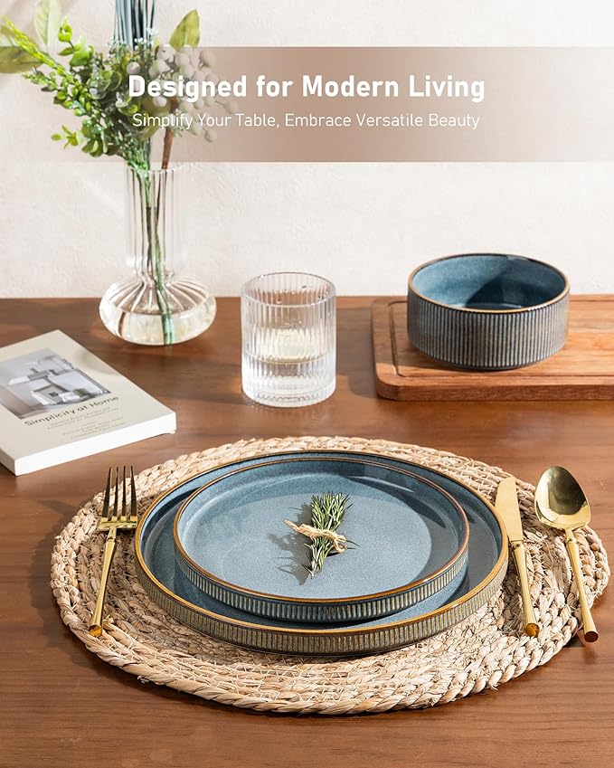 GBHOME Stoneware Dinnerware Sets for 8,Round Reactive Glaze Ceramic Plates and Bowls Set,Highly Scratch Resistant| Dishwasher & Microwave Safe Dishes Set,Service for 8(24pcs)