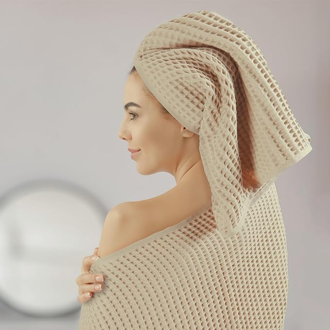 Püskül - Luxury Waffle Towel Set for Bathroom 4 Pieces Natural Raw, Premium Quality Organic 100% Turkish Cotton 2 Hand and 2 Bath Towels, Quick Dry Thin Waffle Towels, Made in Turkiye (Natural Beige)
