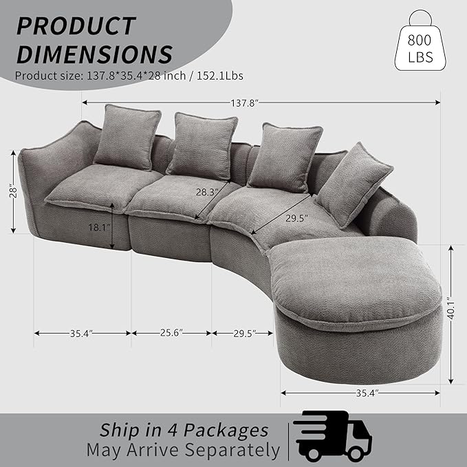 137.8” Curved Boucle Sofa Couch, Modern Sectional Sofa Cloud Deep Seat Couch with 4 Pillows, Comfy Modular 5-Seat Couches for Living Room Apartment (Grey)