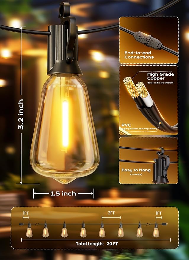 Brightown Outdoor String Lights, 30FT 15+1 LED ST38 LED Patio Lights Shatterproof, Dimmable IP65 Waterproof Connectable Hanging Outdoor Light for Backyard, Porch, Deck, Balcony