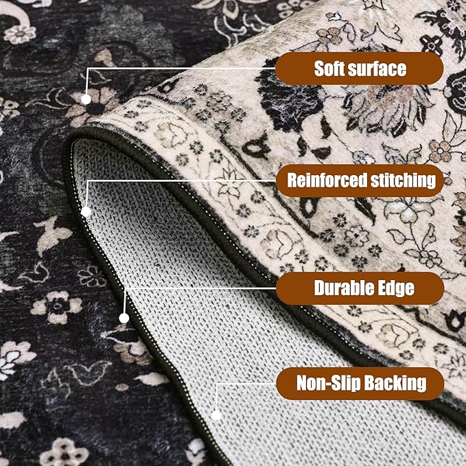 Deerly 6x9 Vintage Rugs for Dining Room, Washable Rugs Non Slip Large Area Rug for Living Room Bedroom Office, Floor Decoration Big Rug Mat Low-Pile Kid & Pet Friendly(Blcak Navy Multi