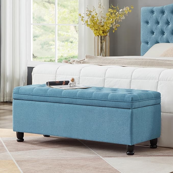 mikibama Bed End Storage Ottoman Bench,Linen Upholstered Storage Benches for Bedroom,Tufted 45" Long Ottoman Bench with Storage for Living Room Entryway Window (Light Blue 45")