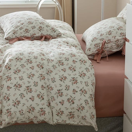 EAVD Vintage Style Pink Floral Comforter Set King Girls White Fluffy Microfiber Chic Garden Floral Bedding Set with 2 Pillowcases Reversible Fresh Botanical Comforter Set for All-Season