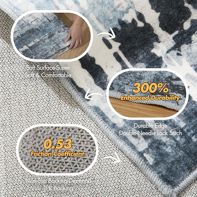 3x5 Soft Washable Area Rugs for Living Room and Bedroom, Non-Slip Stain Resistant Indoor Carpet, Cozy Floor Mat for Dining Room, Office,Stain Resistant Entryway Blue