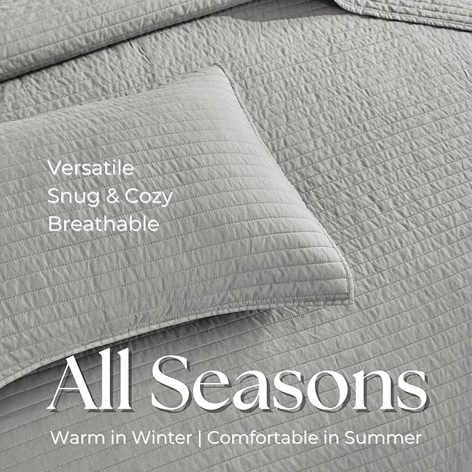 DOWN HOME Queen Quilt Bedding Set with Shams, Vintage Washed Soft Quilted Blanket Thin Comforter Lightweight Bedspread Coverlet Bed Cover, Brushed Microfiber Stripe Stitching, Light Gray, 86"x90"