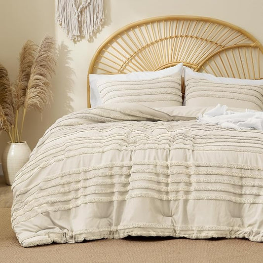 BEDELITE Boho Comforter Set Queen Size, Beige Tufted Striped Bed Set 3 Pieces, Soft Vintage Farmhouse Comforter for All Seasons, Boho Home Decor,Fluffy Jacquard Bedding with 2 Pillow Shams
