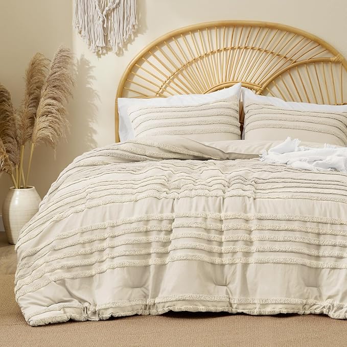 BEDELITE Boho King Size Comforter Set - Beige Tufted Striped Bed Set 3 Pieces, Soft Vintage Farmhouse Comforter for All Seasons, Boho Home Decor,Fluffy Jacquard Bedding with Pillow Sham