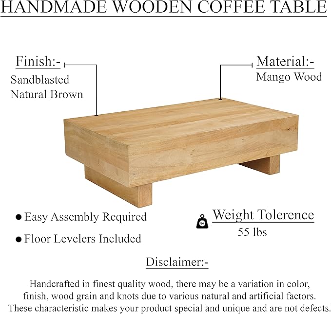 TUP THE URBAN PORT Elias Coffee Table | 42" Rectangular Top | Sandblasted Natural Brown Mango Wood | Wood Sustainably Harvested