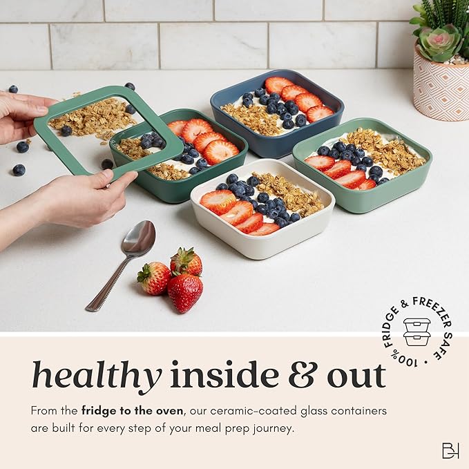 Ceramic Coated Glass Food Storage Container | No PTFE, PFOA, PFAS, and BPA | Reusable Non Toxic Meal Prep Container with Glass Lid | Easy To Store | 11 Cup Rectangle [Pine]