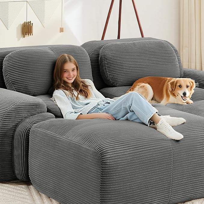 116" Modern Corduroy Cloud Sofa with Ottoman, L Shaped Boneless Modular Large Sectional Couches for Living Room, Gray 3 Seater Compressed Memory Foam Couch, Extra Deep Seat, No Assembly
