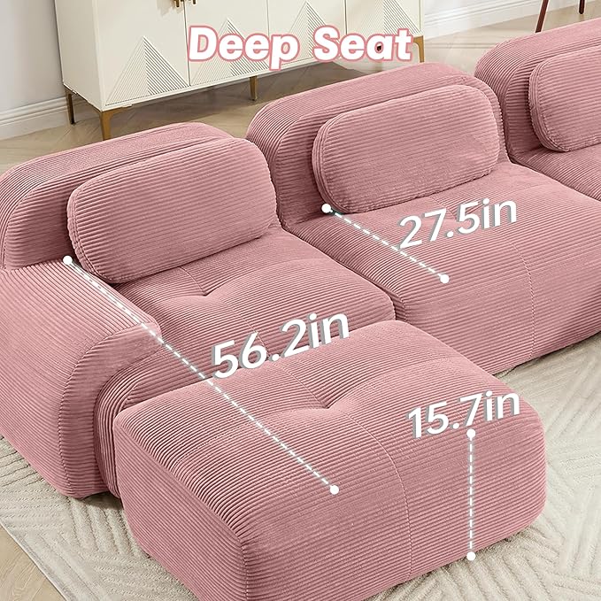 116" Modern Corduroy Cloud Sofa with Ottoman, L Shaped Boneless Modular Large Sectional Couches for Living Room, Pink 3 Seater Compressed Memory Foam Couch, Extra Deep Seat, No Assembly