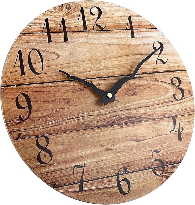 Plumeet Small Wall Clock, 10'' Frameless Wooden Wall Clocks with Silent Quartz Movement, Rustic Country Village Walnut Clocks Decorative for Kitchen Bedroom Living Room, Brown