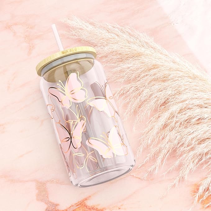 Butterfly 16 oz Mason Jar Cups | Bamboo Lids & Straws | Glass Cups for Iced Coffee, Boba & Smoothies