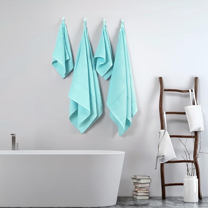 Püskül - Luxury Waffle Towel Set for Bathroom 4 Pieces Turquoise Blue, Premium Quality Organic 100% Turkish Cotton 2 Hand and 2 Bath Towels, Quick Dry Thin Waffle Towels, Made in Turkiye (Turquoise)