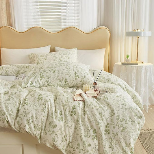 EAVD Fresh Green Floral Comforter Set Full White Fluffy Soft Microfiber Chic Garden Floral Bedding Full Bed Comforter and 2 Pillowcases Reversible Vintage Botanical Comforter Set for All-Season