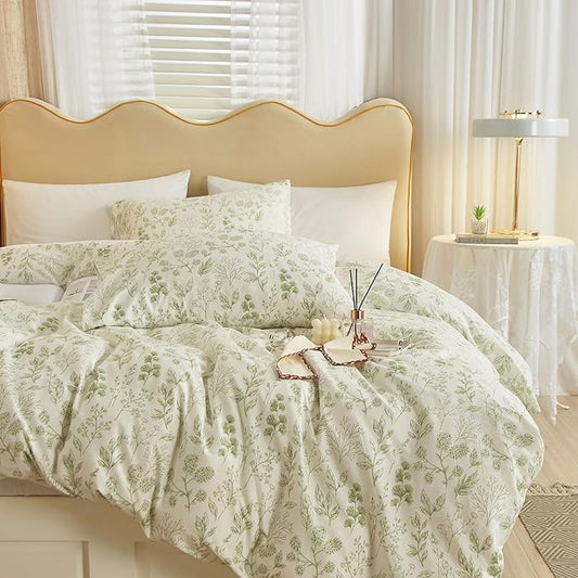 EAVD Fresh Green Floral Comforter Set Queen White Fluffy Soft Microfiber Chic Garden Floral Bedding Queen Bed Comforter and 2 Pillowcases Reversible Vintage Botanical Comforter Set for All-Season