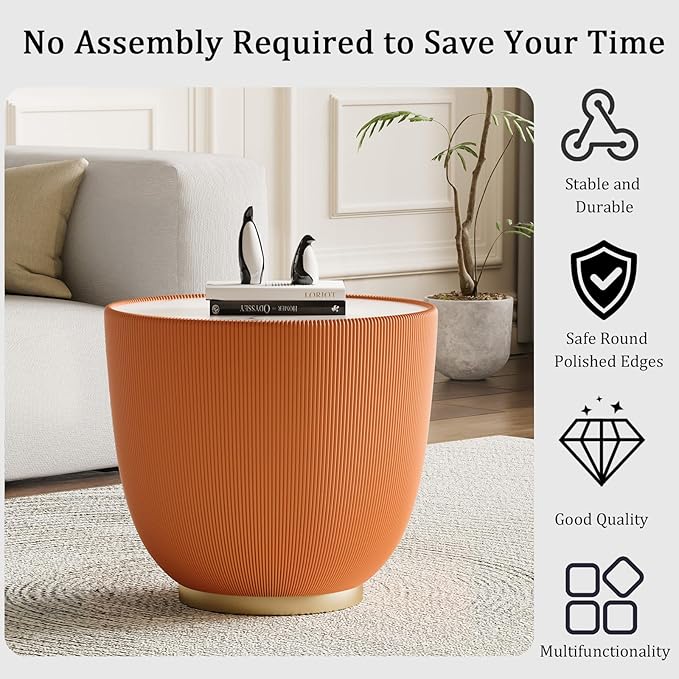 Round Coffee Table Set with Sintered Stone Tabletop, 27.56" White Drum Center Table and 19.69" Orange Coffee Table Set, 2 Pieces Living Room Table Set with Fluted PU Leather Cover& Metal Base