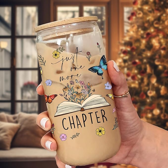 Book Lovers Gifts: 16 oz Glass Cups with Lid and Straw, Floral Butterfly Iced Coffee Can, Just One More Chapter