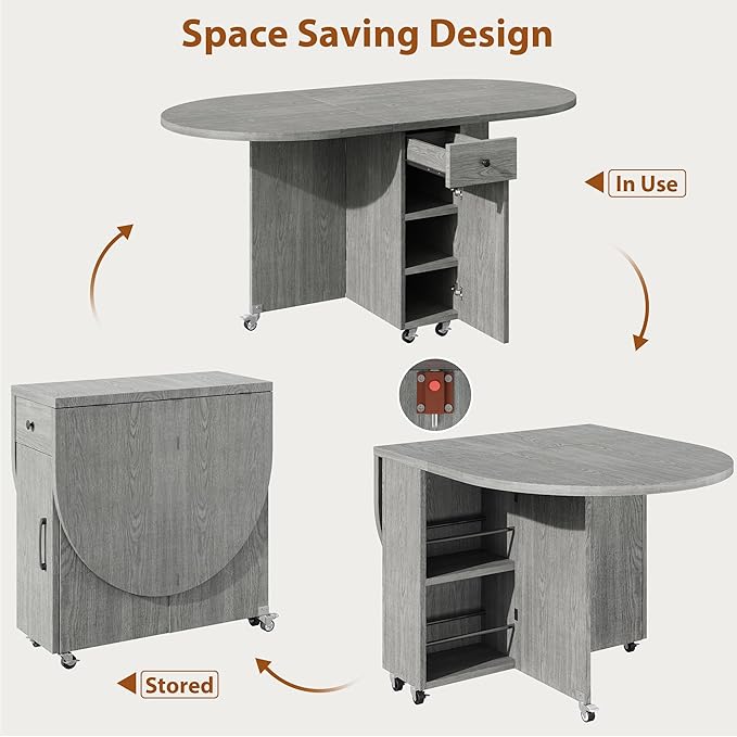 Folding Dining Table for 4 Kitchen Dining Room DinnerTable with Storage Drawer Space Saving Oval Foldable Drop Leaf Gateleg Furniture for Small Space (Grey, 47 * 23.6 * 30)